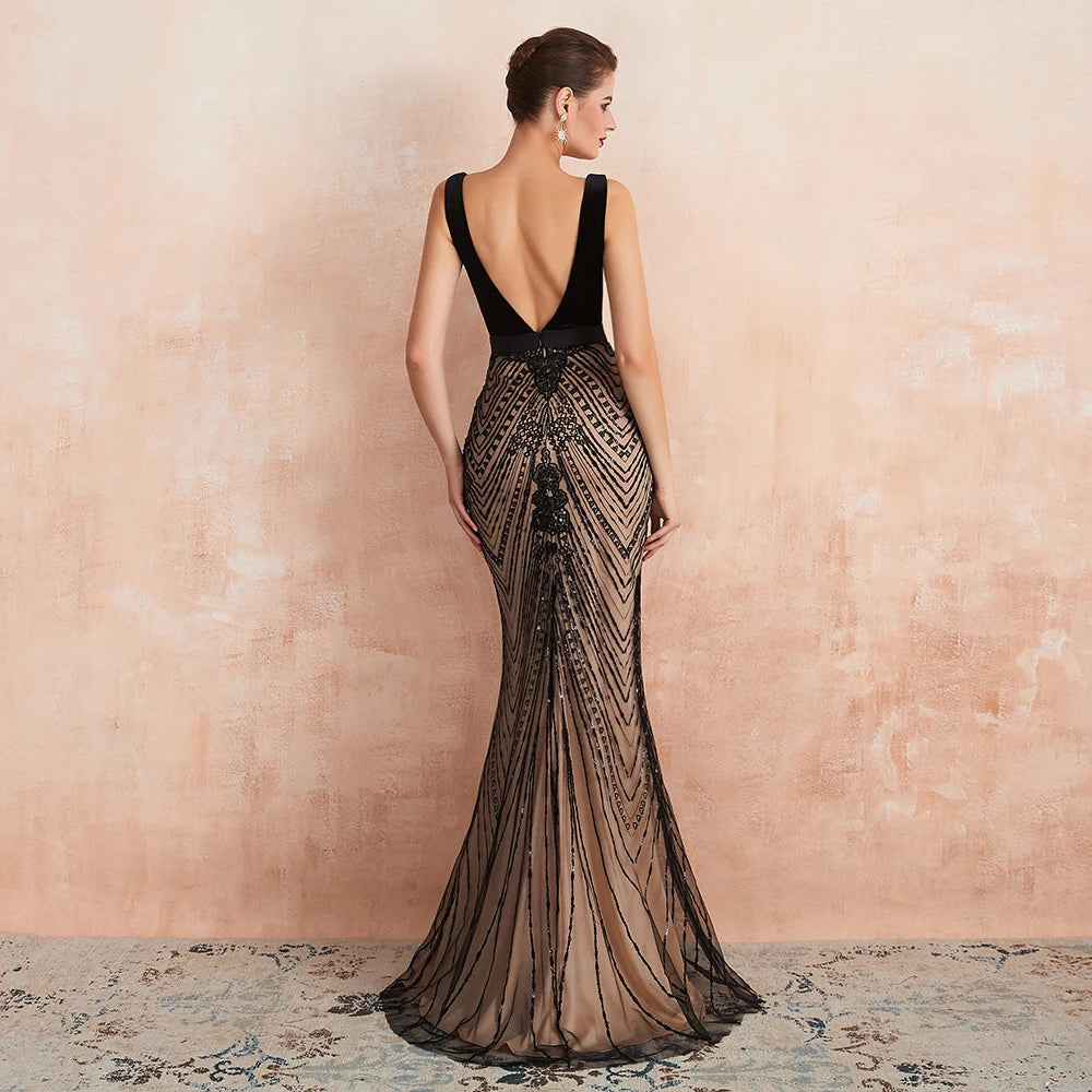 Mermaid Evening Dress Backless Black and Champagne Long Prom Formal Gown